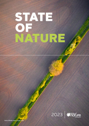 State of Nature 2023 report cover, by Chris O'Reilly / RSPB The State of Nature 2023 report cover, showing an aerial view of arable farmland and an isolated hedgerow, by Chris O'Reilly / RSPB